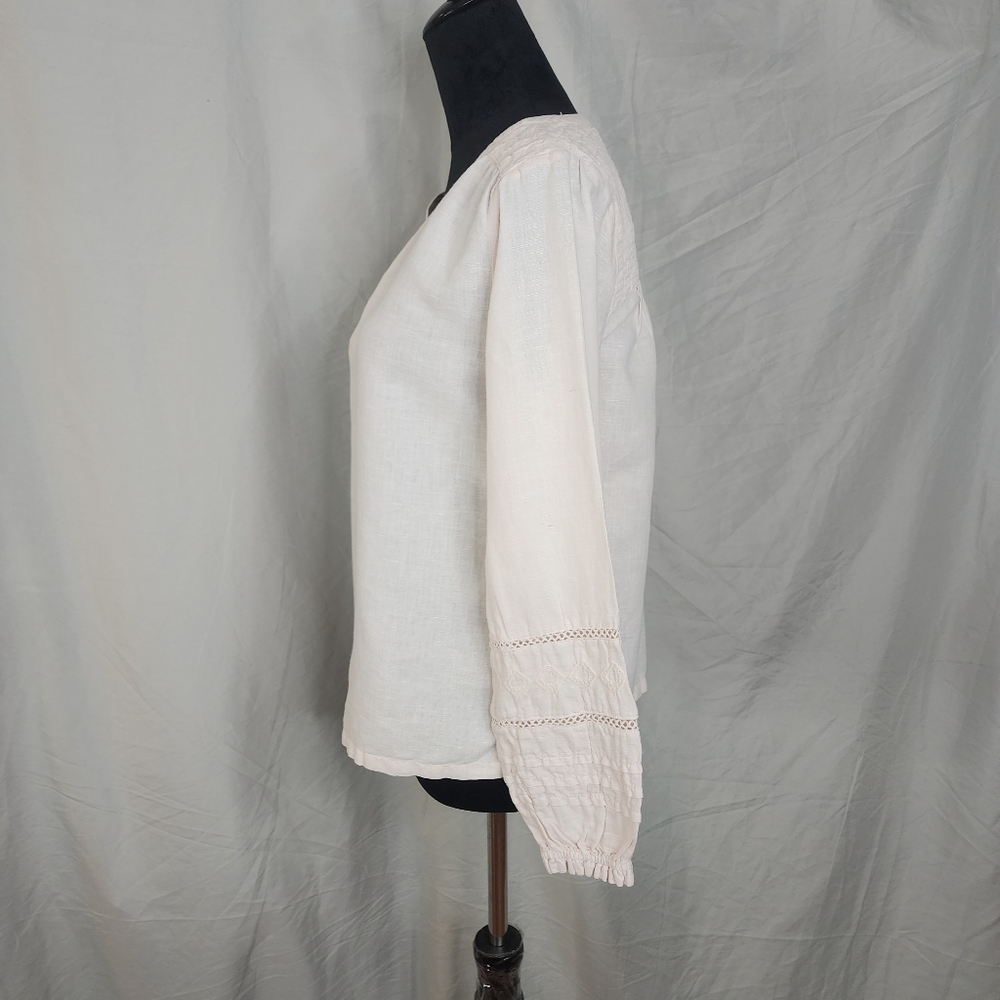 RACHEL ZOE Size Small Pink‎ Linen Cotton Balloon Sleeve Split Band V-neck Blouse - Picture 3 of 12